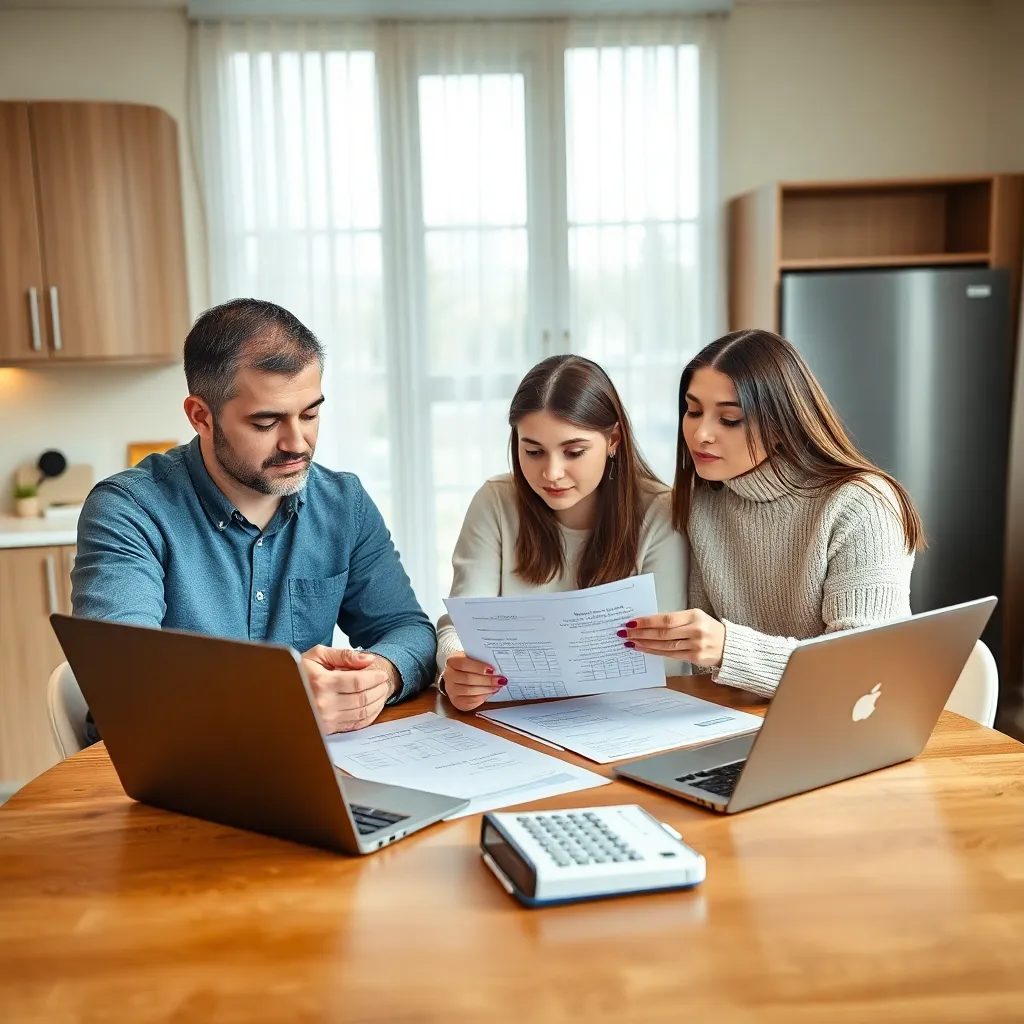 Казахстанская семья планирует личный бюджет за столом с ноутбуком и финансовыми документами