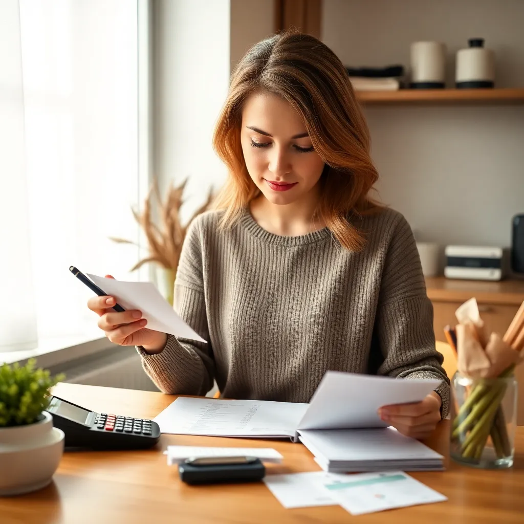 Женщина составляет список покупок и бюджет на кухне