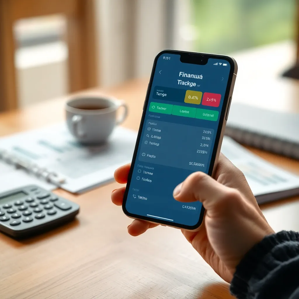 Смартфон с открытым приложением для учета финансов на фоне рабочего стола с финансовыми документами